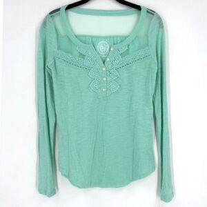 NWT SO Turquoise Blue‎ Lace Long Sleeve Henley Top Size XS Sheer Mesh